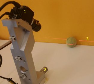 Testopstelling van het camera-meetsysteem: camera en laser gericht op een bal op een tafel