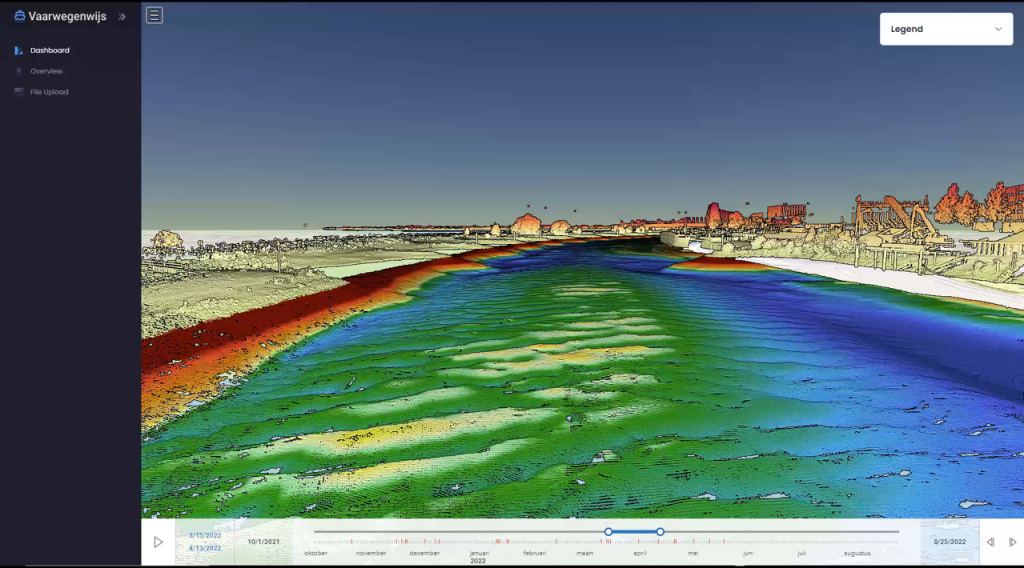 Vaarwegenwijs dashboard: 3D-visualisatie van bodemligging in een rivier, gemeten en voorspeld via het Digital Twin-platform van DotX