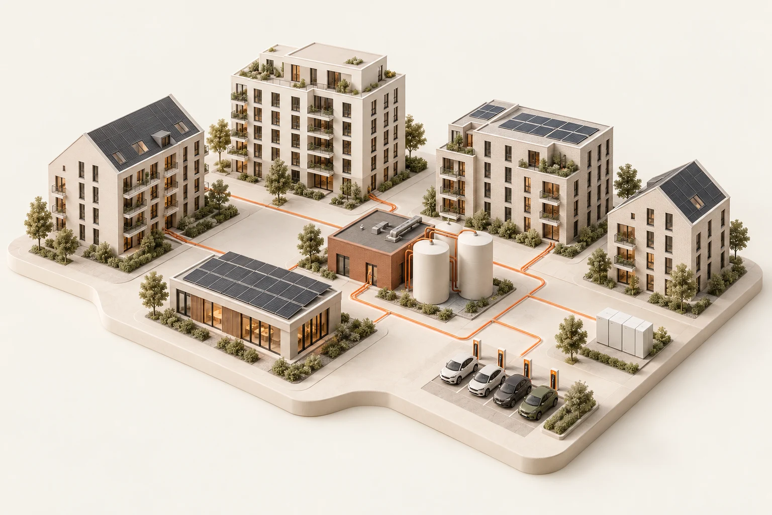 Illustratie van een energiegebied met gebouwen, warmtevoorziening, opwek en laden.