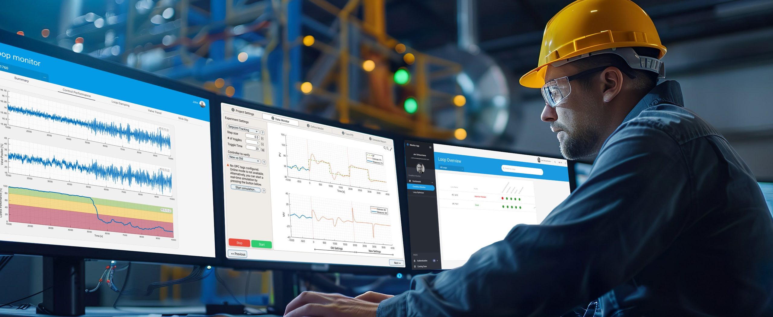 Operator achter drie schermen met de DotX loop-monitor in een procesinstallatie