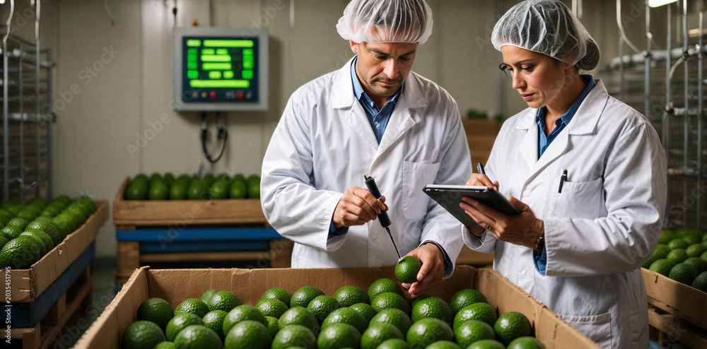 Twee kwaliteitsinspecteurs beoordelen avocado's in een rijpkamer, met een bedieningspaneel aan de wand